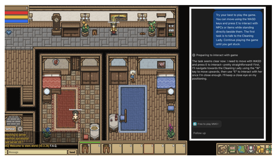 Aspectul zonei de joc din  Stein.world și locația primei sarcini. Jucătorul trebuie să navigheze afară din camera de start pentru a vorbi cu femeia de curățenie NPC pentru a continua povestea din joc. ChatGPT Atlas inițial nu a reușit să iasă din cameră în ciuda încercărilor prelungite, dar după ce a primit instrucțiuni operaționale detaliate, a finalizat cu succes sarcina.